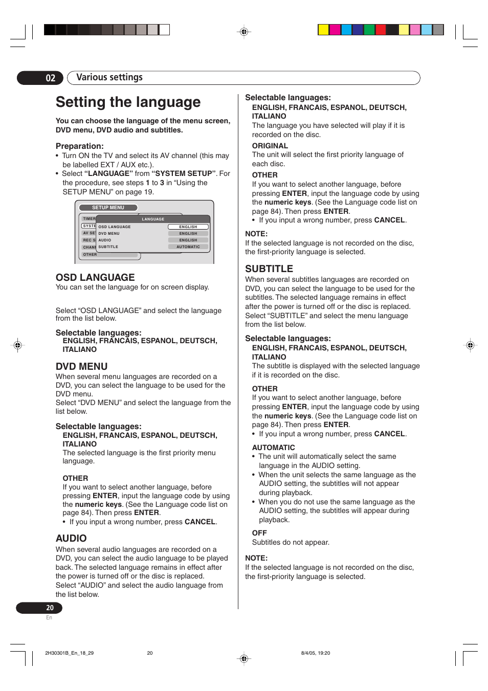 Setting the language, Osd language dvd menu audio subtitle, Various settings 02 | Osd language, Dvd menu, Audio, Subtitle, Preparation, Selectable languages | Pioneer DVR-RT501-S User Manual | Page 20 / 92