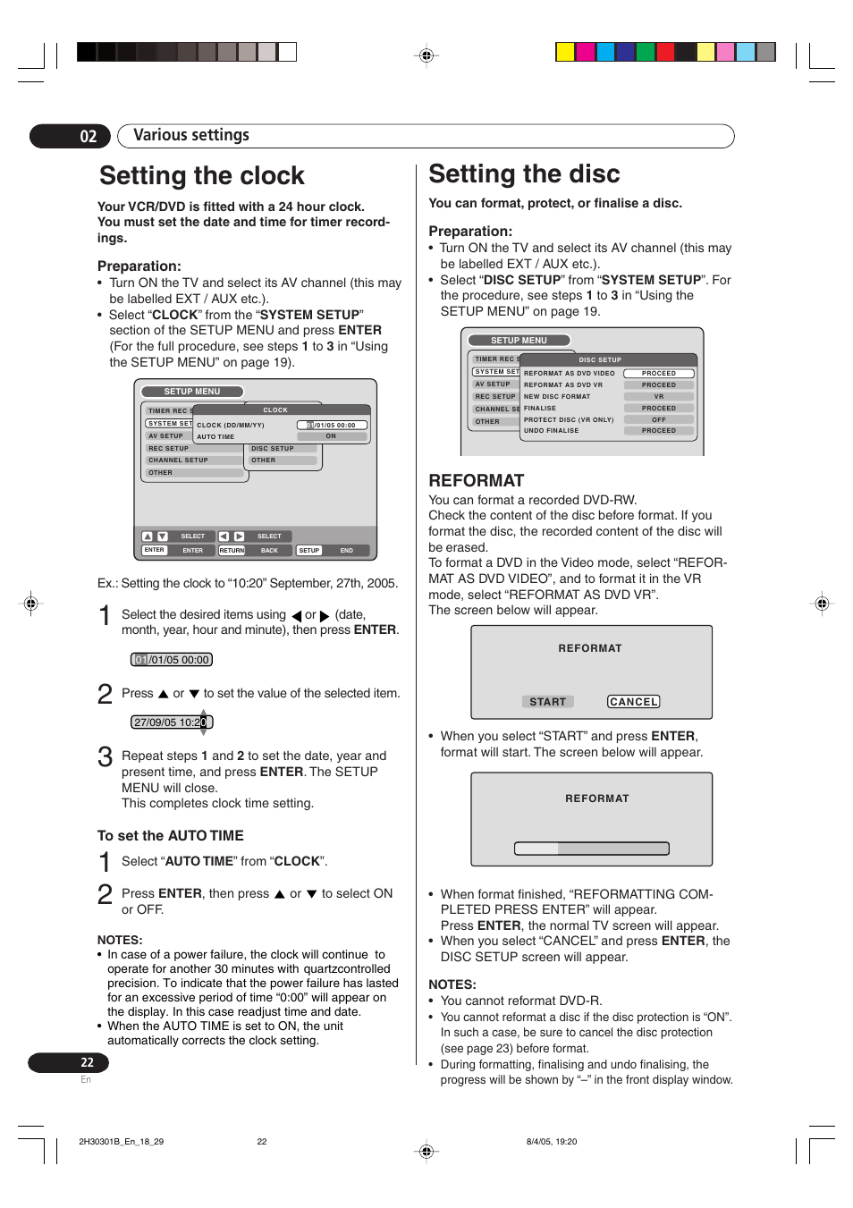 Setting the clock setting the disc, Reformat, Setting the clock | Setting the disc, Various settings 02, Preparation | Pioneer DVR-RT501-S User Manual | Page 22 / 92