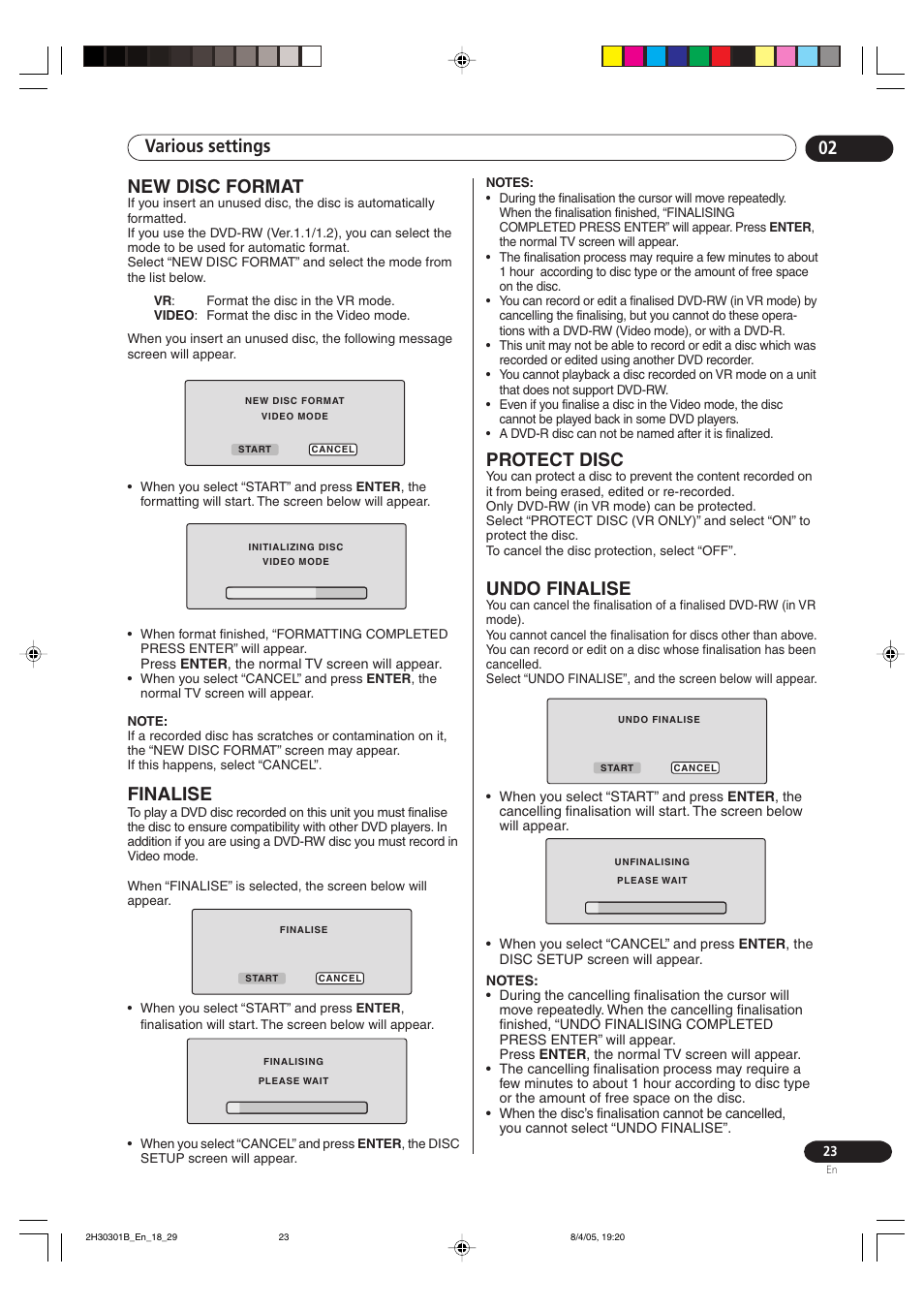 Various settings 02, Protect disc, Undo finalise | New disc format, Finalise | Pioneer DVR-RT501-S User Manual | Page 23 / 92