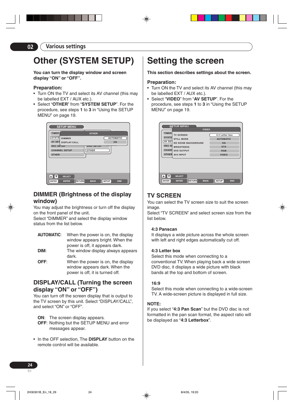 Other (system setup), Setting the screen, Tv screen | Various settings 02, Dimmer (brightness of the display window), Preparation | Pioneer DVR-RT501-S User Manual | Page 24 / 92