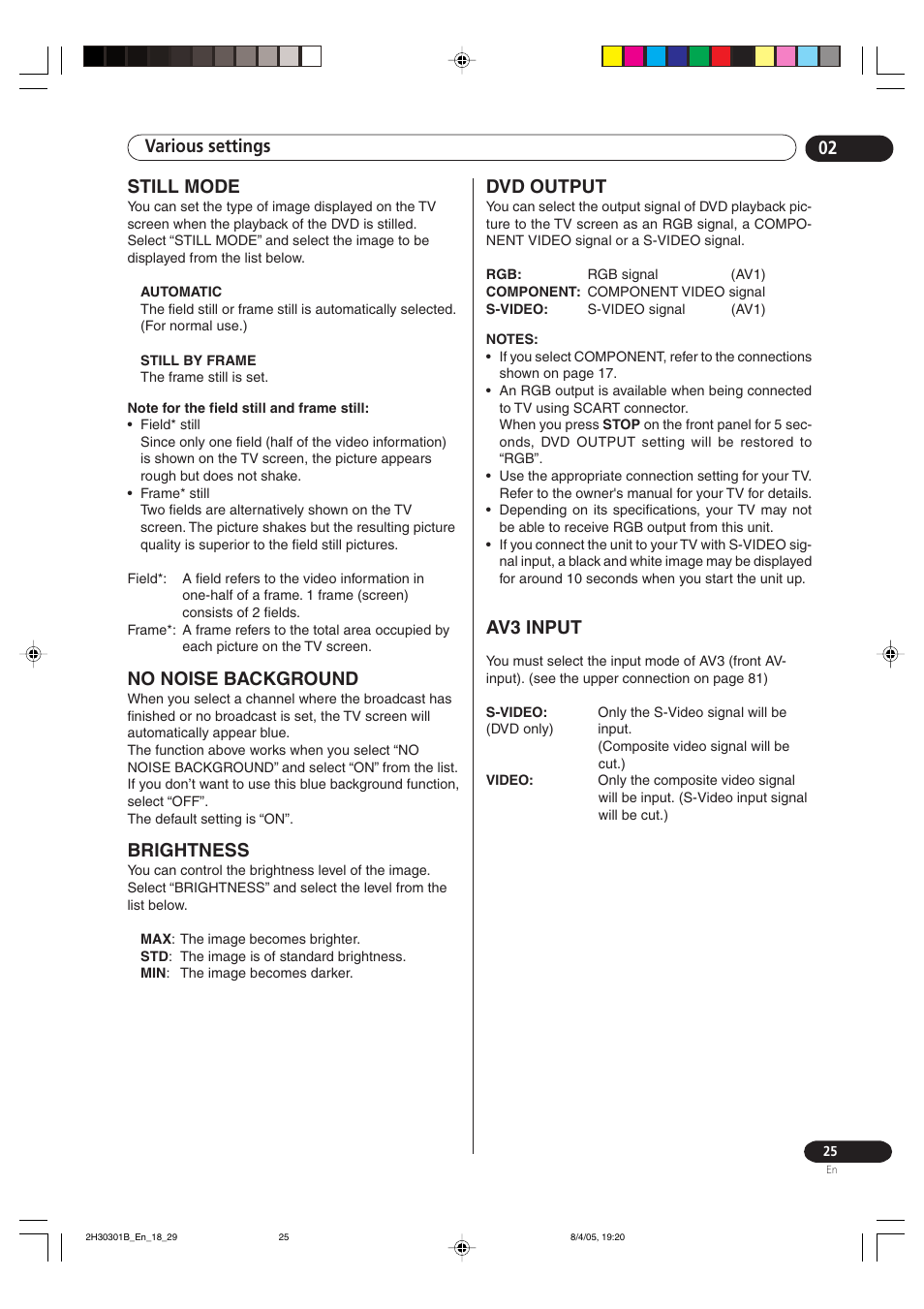 Still mode no noise background brightness, Dvd output av3 input, Various settings 02 | Still mode, No noise background, Brightness, Dvd output, Av3 input | Pioneer DVR-RT501-S User Manual | Page 25 / 92