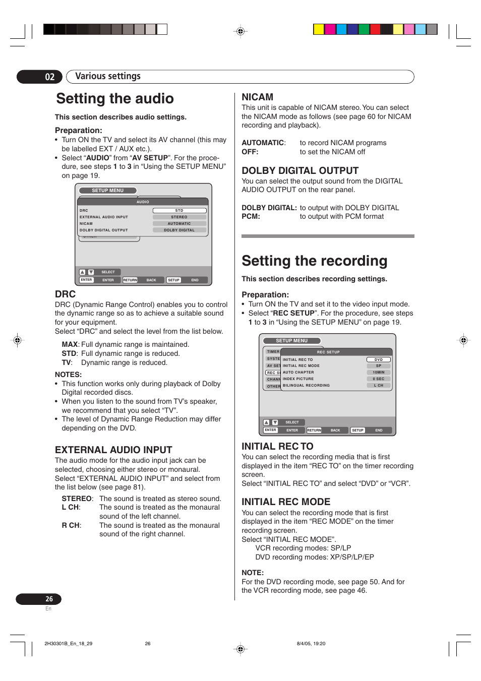 Setting the audio, Setting the recording, Initial rec to initial rec mode | Various settings 02, Nicam, Dolby digital output, External audio input, Initial rec to, Initial rec mode, Preparation | Pioneer DVR-RT501-S User Manual | Page 26 / 92