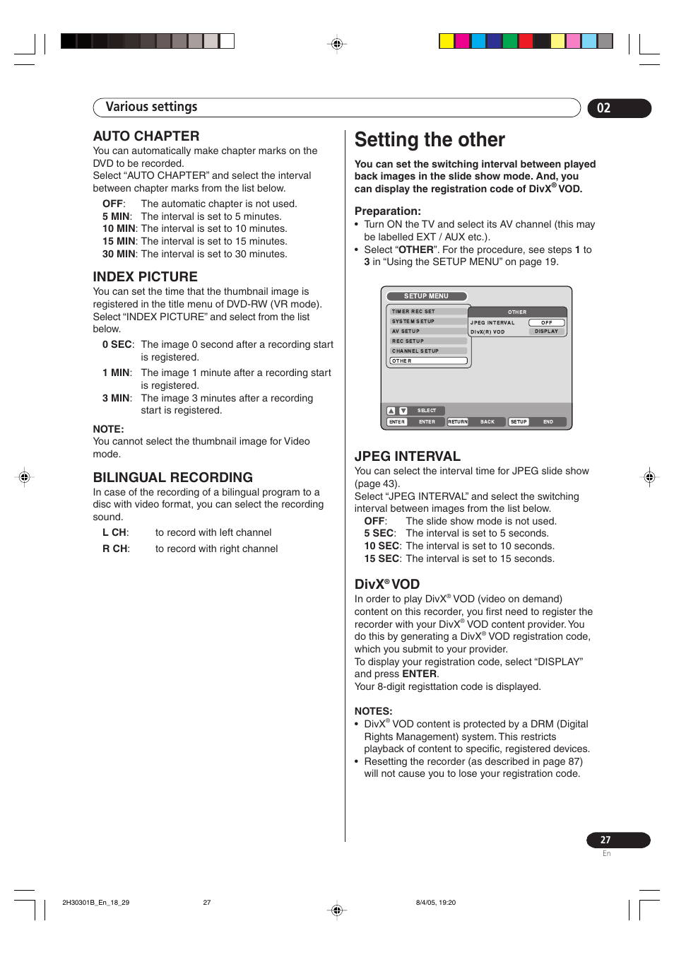 Auto chapter index picture bilingual recording, Setting the other, Jpeg interval divx | Various settings 02, Auto chapter, Index picture, Bilingual recording, Jpeg interval, Divx, Preparation | Pioneer DVR-RT501-S User Manual | Page 27 / 92