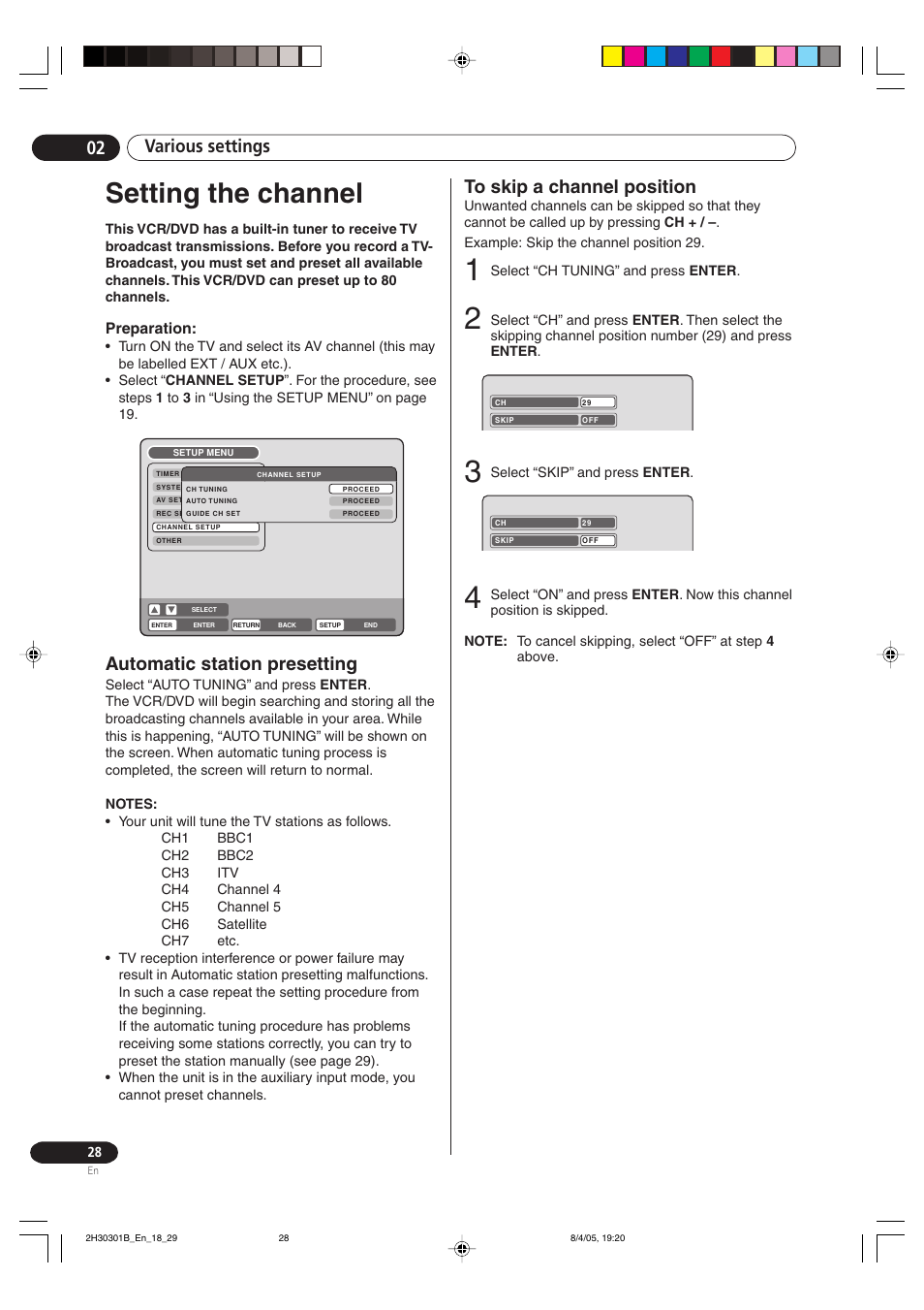 Setting the channel, Various settings 02, Automatic station presetting | Pioneer DVR-RT501-S User Manual | Page 28 / 92