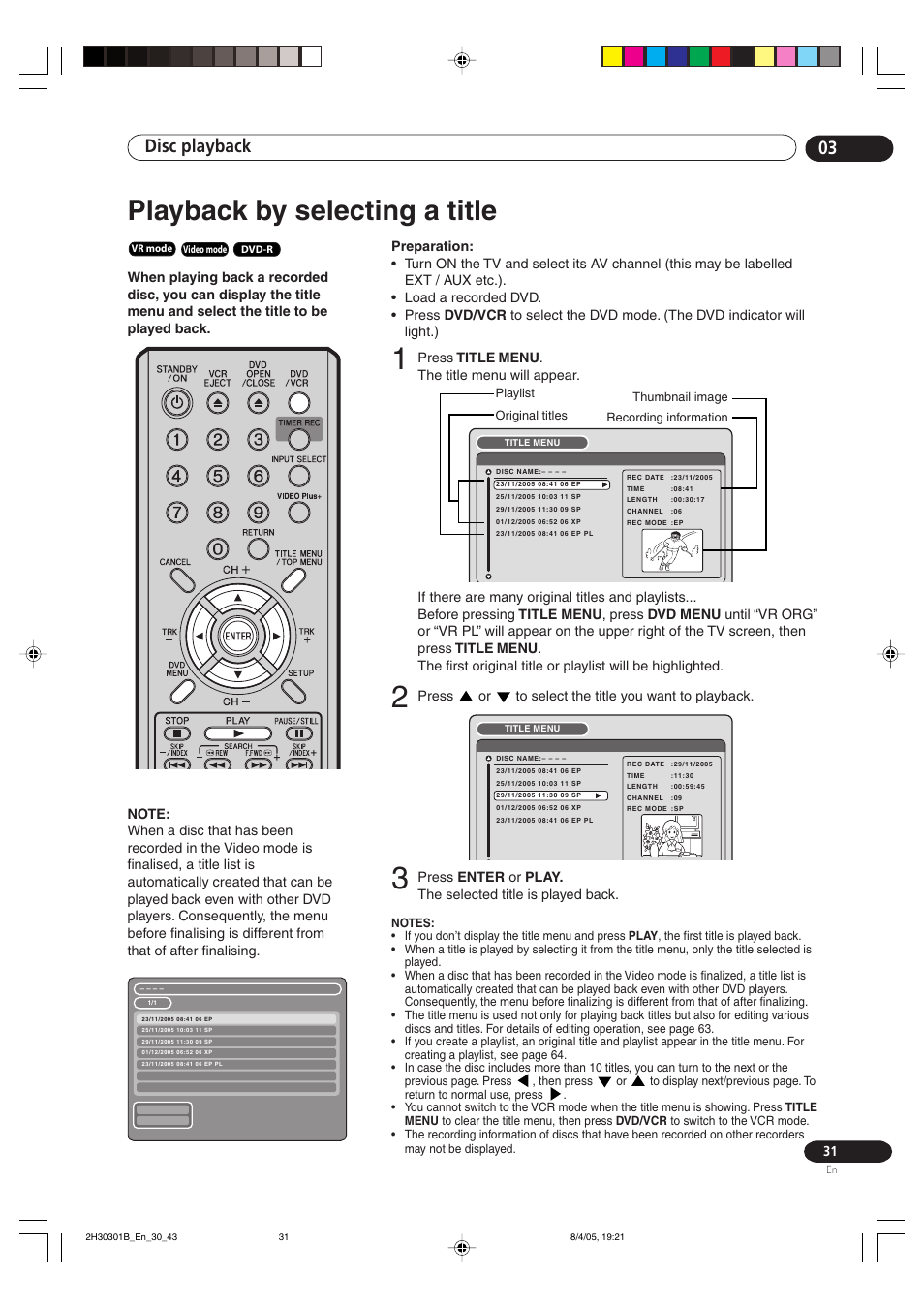 Playback by selecting a title, Disc playback 03 | Pioneer DVR-RT501-S User Manual | Page 31 / 92