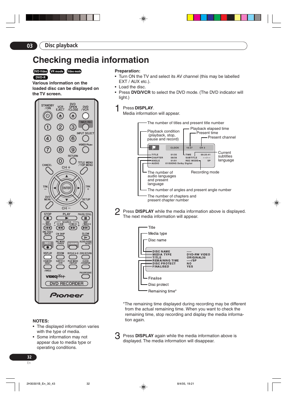 Checking media information, Disc playback 03 | Pioneer DVR-RT501-S User Manual | Page 32 / 92