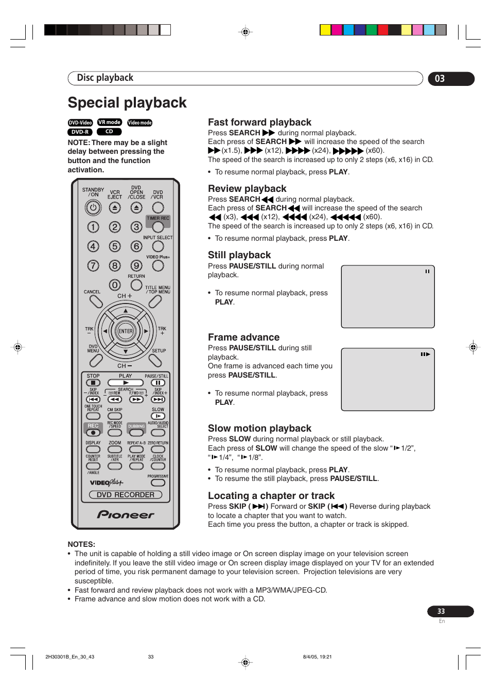 Special playback, Disc playback 03, Fast forward playback | Review playback, Still playback, Frame advance, Slow motion playback, Locating a chapter or track | Pioneer DVR-RT501-S User Manual | Page 33 / 92