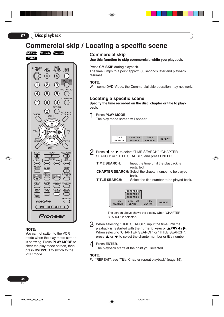 Commercial skip locating a specific scene, Commercial skip / locating a specific scene, Disc playback 03 | Commercial skip, Locating a specific scene | Pioneer DVR-RT501-S User Manual | Page 34 / 92