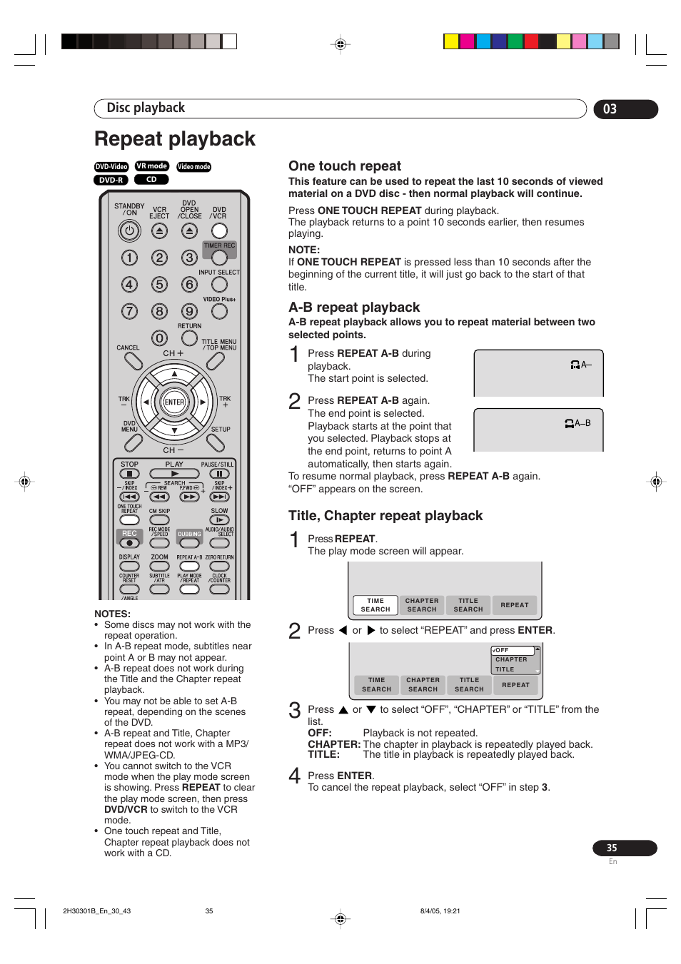 Repeat playback, Disc playback 03, Title, chapter repeat playback | One touch repeat, A-b repeat playback | Pioneer DVR-RT501-S User Manual | Page 35 / 92