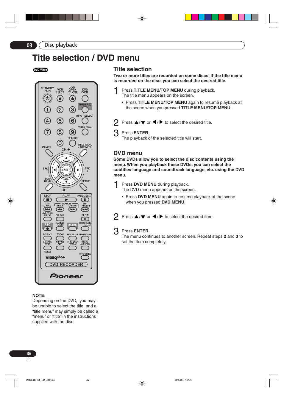 Title selection dvd menu, Title selection / dvd menu | Pioneer DVR-RT501-S User Manual | Page 36 / 92