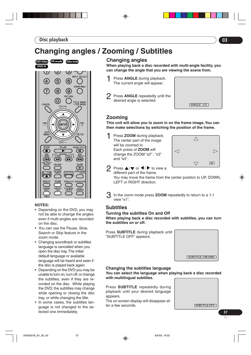 Changing angles zooming subtitles, Changing angles / zooming / subtitles | Pioneer DVR-RT501-S User Manual | Page 37 / 92