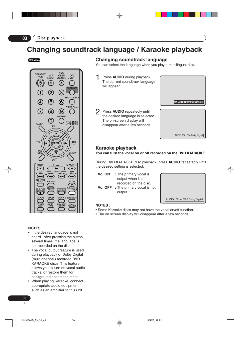 Changing soundtrack language karaoke playback, Changing soundtrack language / karaoke playback, Disc playback 03 changing soundtrack language | Karaoke playback | Pioneer DVR-RT501-S User Manual | Page 38 / 92