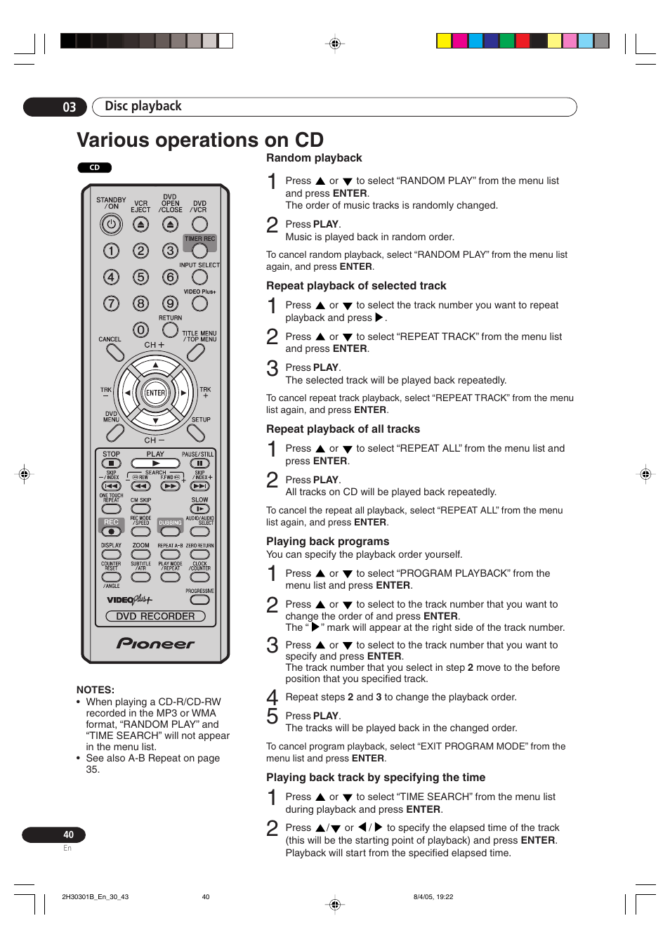 Various operations on cd | Pioneer DVR-RT501-S User Manual | Page 40 / 92
