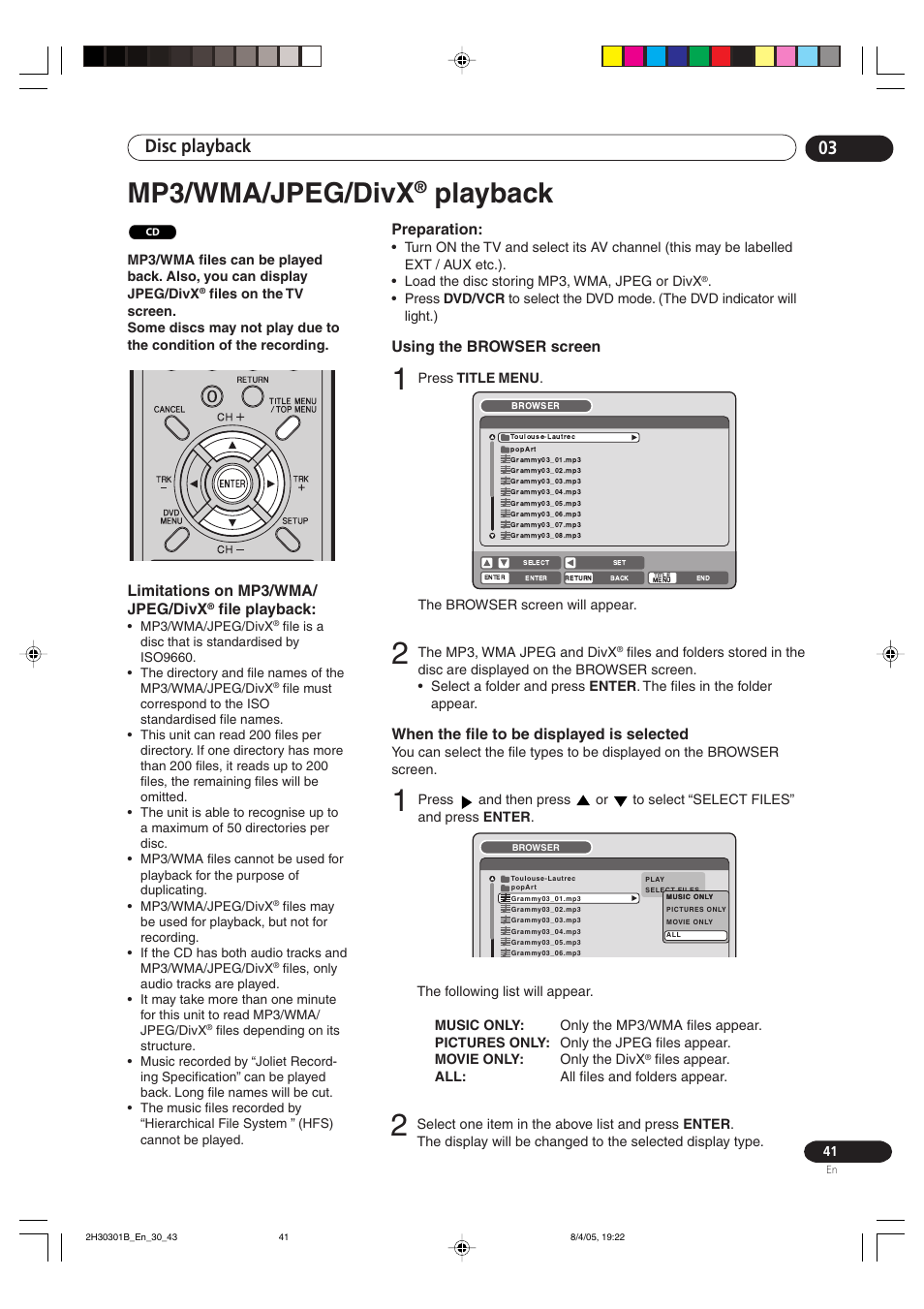 Mp3/wma*/jpeg/divx, Playback, Mp3/wma/jpeg/divx | Disc playback 03, Limitations on mp3/wma/ jpeg/divx, File playback, Preparation, Using the browser screen, When the file to be displayed is selected | Pioneer DVR-RT501-S User Manual | Page 41 / 92