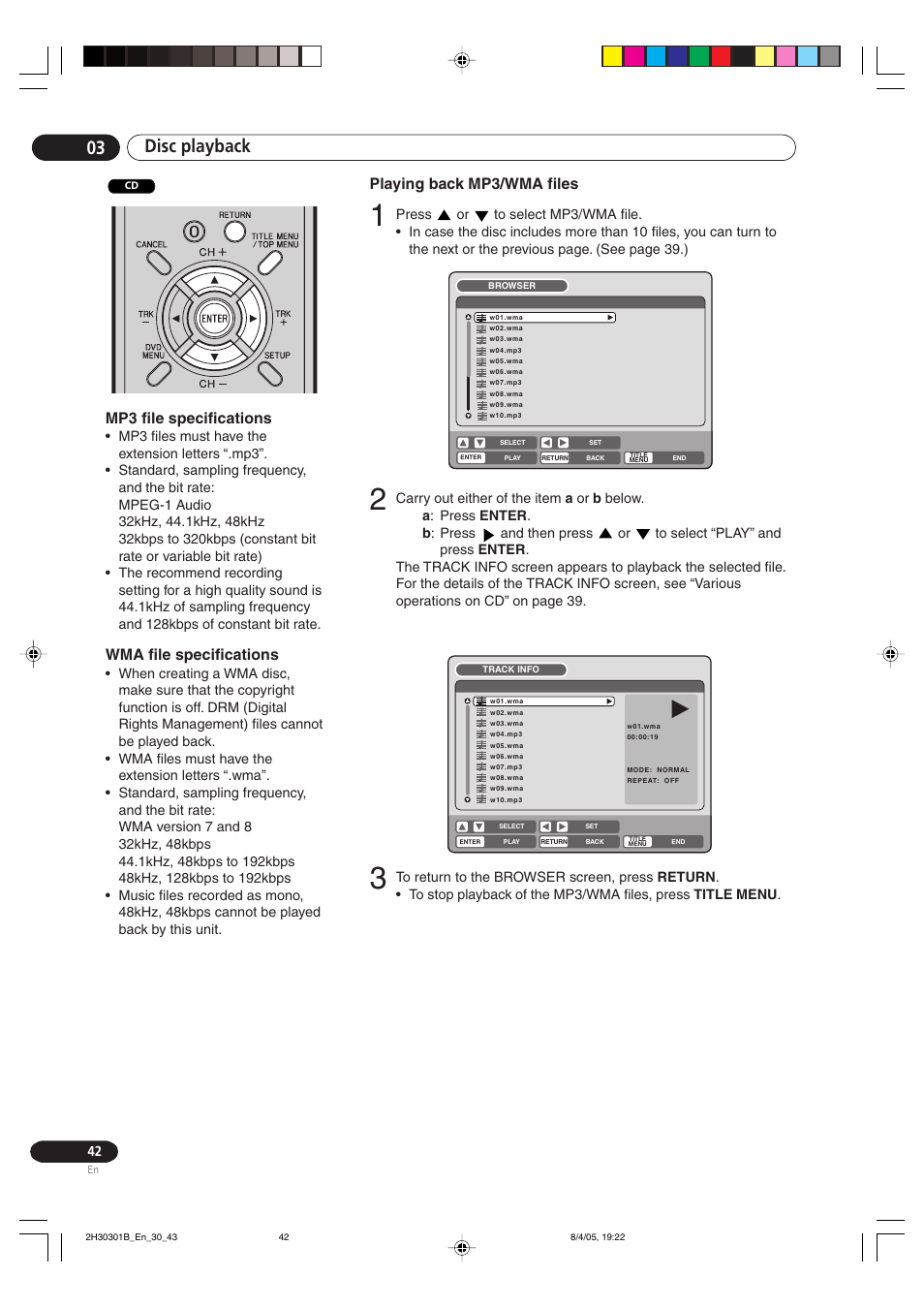 Disc playback 03, Playing back mp3/wma files, Mp3 file specifications | Wma file specifications | Pioneer DVR-RT501-S User Manual | Page 42 / 92