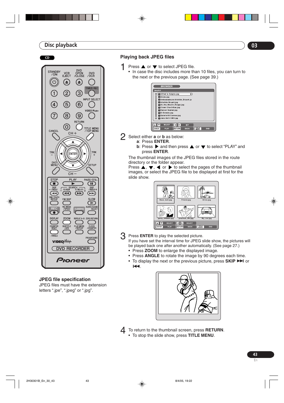 Disc playback 03, Playing back jpeg files, Jpeg file specification | Pioneer DVR-RT501-S User Manual | Page 43 / 92