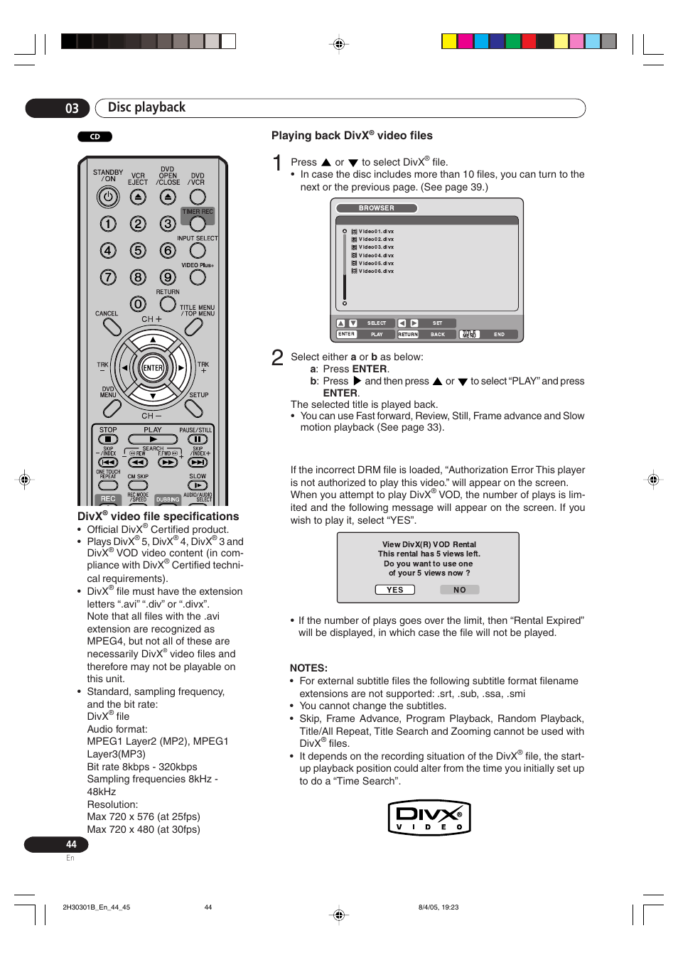 Disc playback 03, Divx, Video file specifications | Playing back divx, Video files | Pioneer DVR-RT501-S User Manual | Page 44 / 92