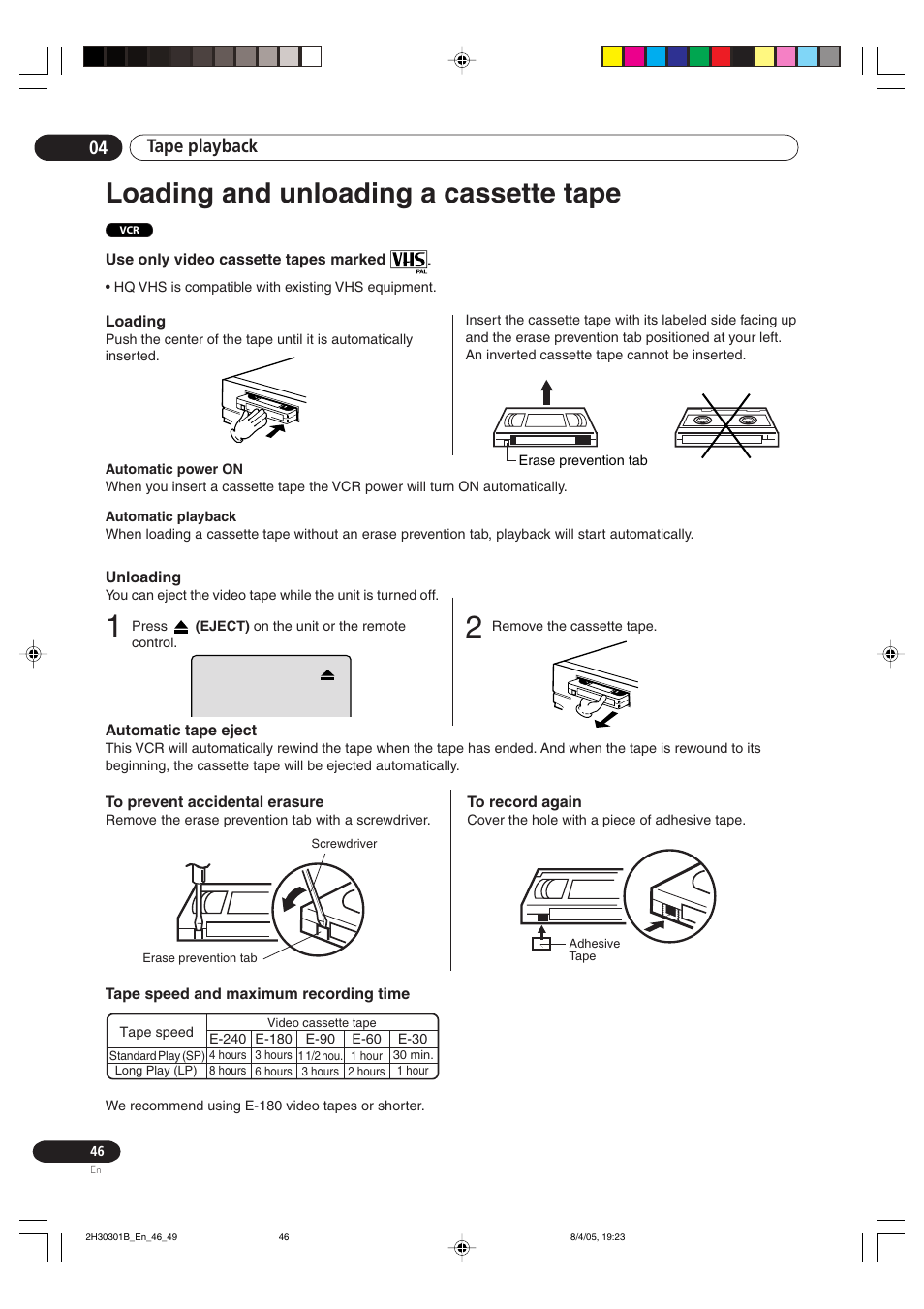 Loading and unloading a cassette tape, Tape playback 04 | Pioneer DVR-RT501-S User Manual | Page 46 / 92