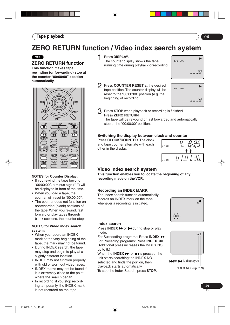 Zero return function video index search system, Zero return function / video index search system, Tape playback 04 | Zero return function, Video index search system | Pioneer DVR-RT501-S User Manual | Page 49 / 92