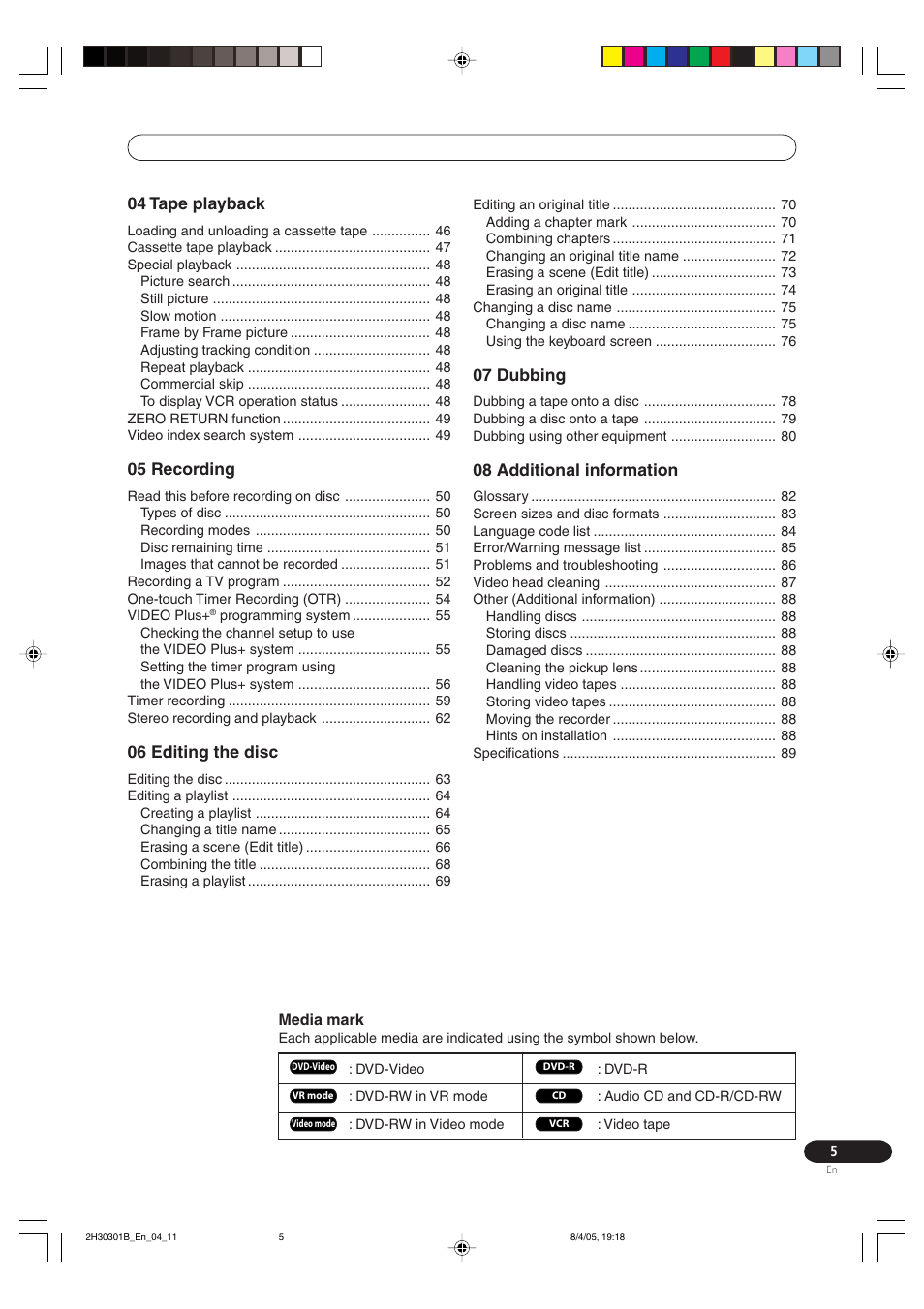 07 dubbing, 08 additional information, 04 tape playback | 05 recording, 06 editing the disc | Pioneer DVR-RT501-S User Manual | Page 5 / 92
