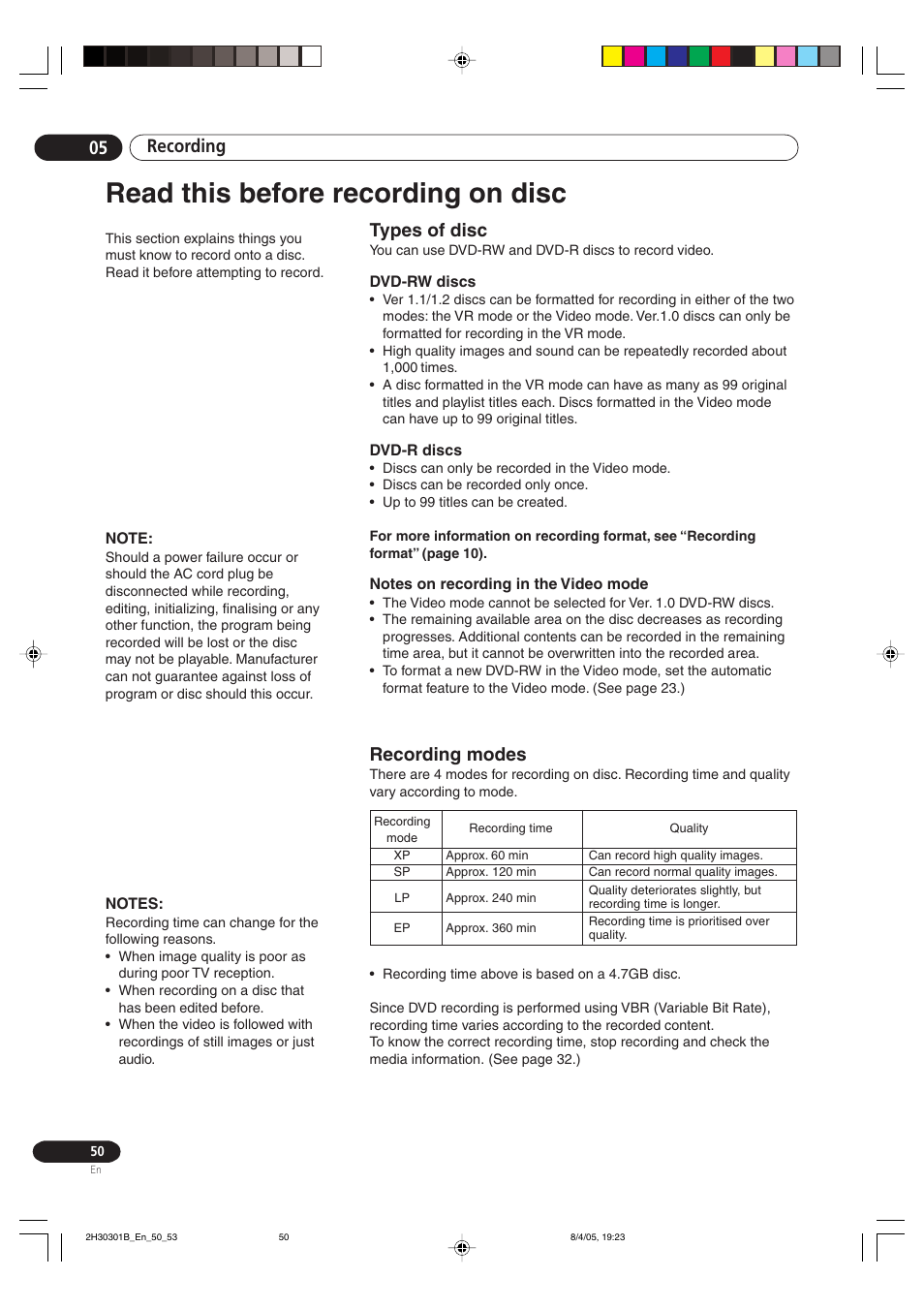 Read this before recording on disc, Types of disc recording modes, Recording 05 | Types of disc, Recording modes | Pioneer DVR-RT501-S User Manual | Page 50 / 92