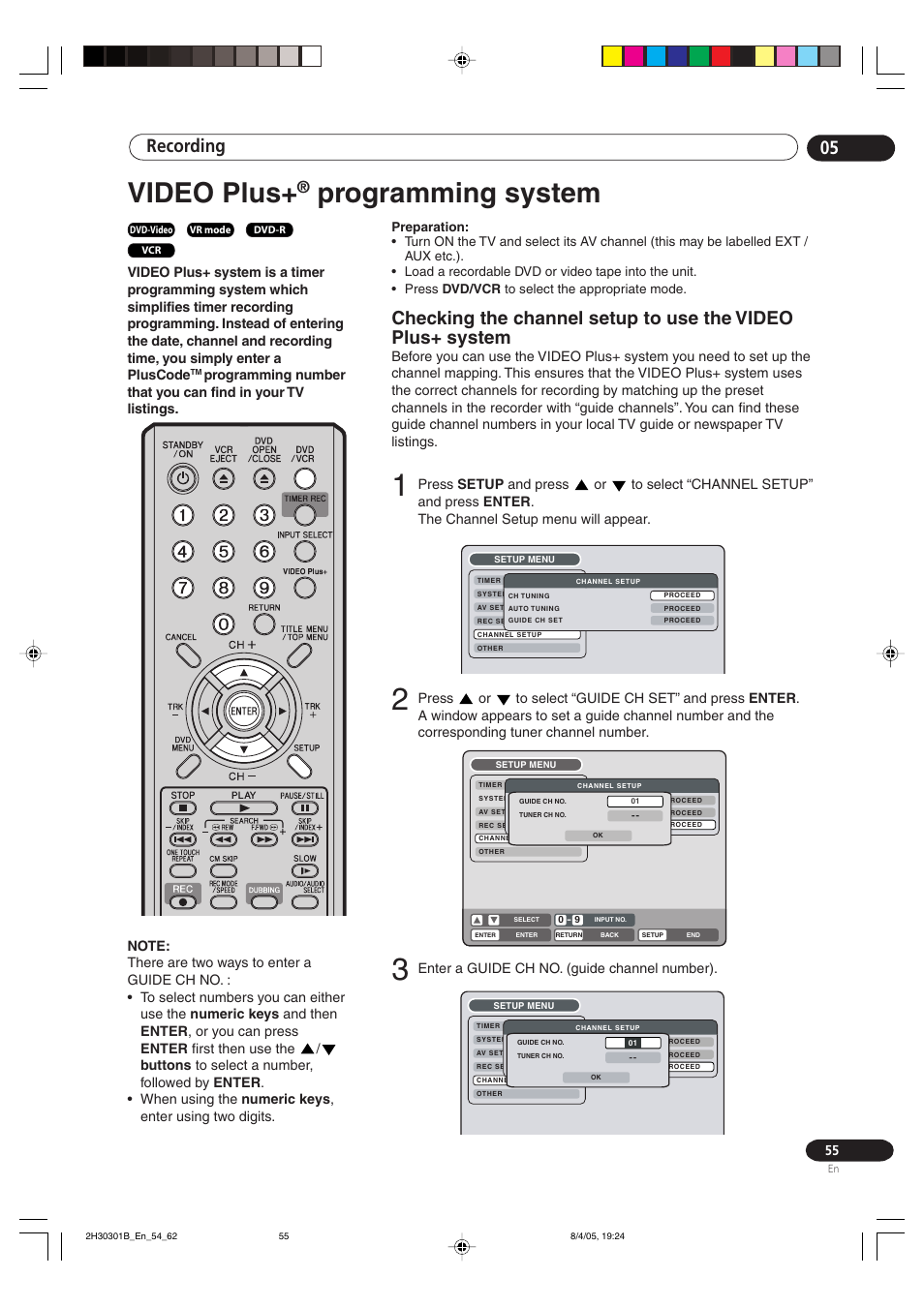 Video plus, Programming system, Recording 05 | Enter a guide ch no. (guide channel number) | Pioneer DVR-RT501-S User Manual | Page 55 / 92