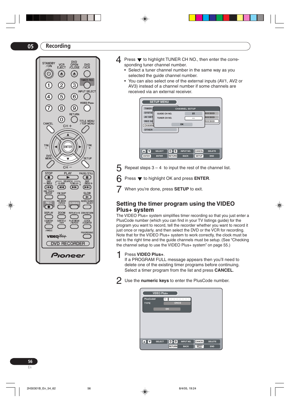 Recording 05, Press to highlight ok and press enter, When you’re done, press setup to exit | Use the numeric keys to enter the pluscode number | Pioneer DVR-RT501-S User Manual | Page 56 / 92