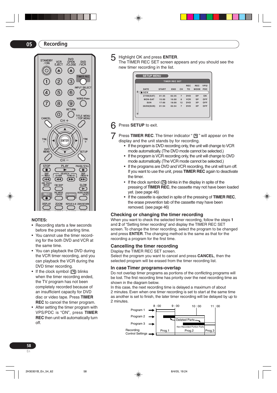 Recording 05, Checking or changing the timer recording, Cancelling the timer recording | Pioneer DVR-RT501-S User Manual | Page 58 / 92