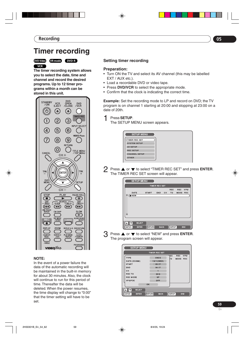 Timer recording, Recording 05, Setting timer recording preparation | Pioneer DVR-RT501-S User Manual | Page 59 / 92