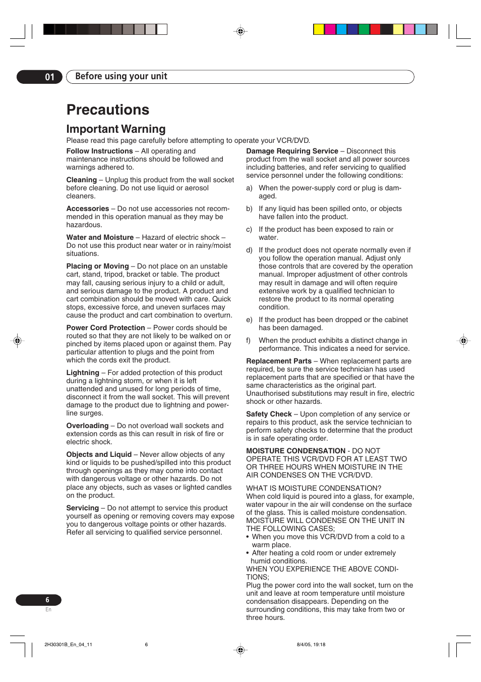 Precautions, Important warning, Before using your unit 01 | Pioneer DVR-RT501-S User Manual | Page 6 / 92