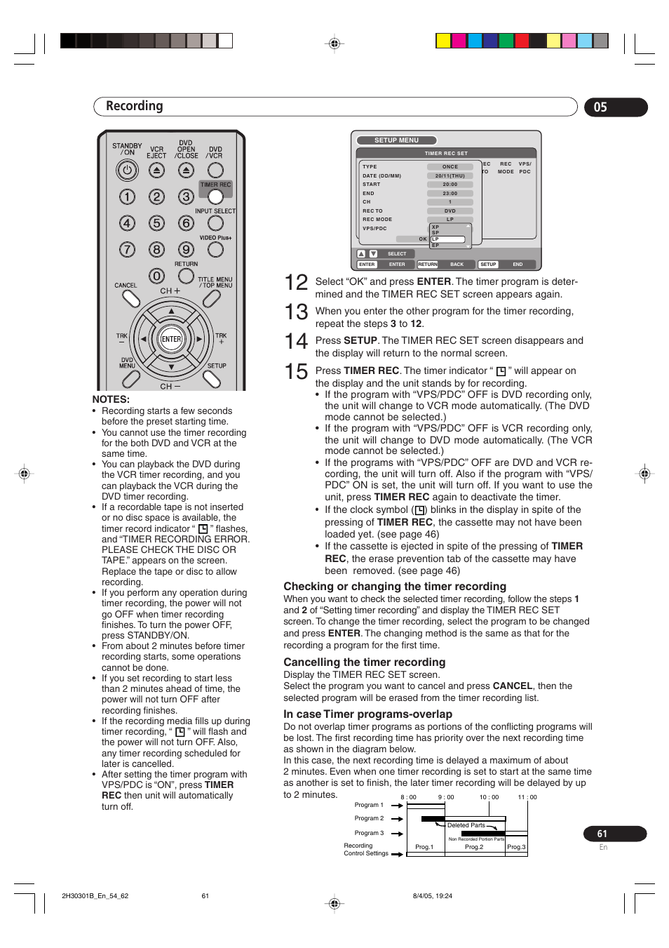 Recording 05, Checking or changing the timer recording, Cancelling the timer recording | Pioneer DVR-RT501-S User Manual | Page 61 / 92