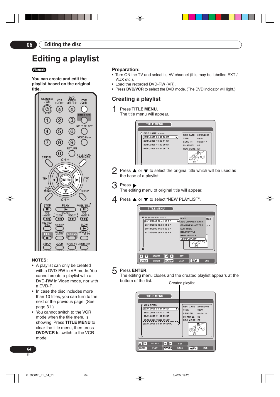 Editing a playlist, Creating a playlist, Editing the disc 06 | Preparation, Press title menu . the title menu will appear, Press or to select “new playlist | Pioneer DVR-RT501-S User Manual | Page 64 / 92