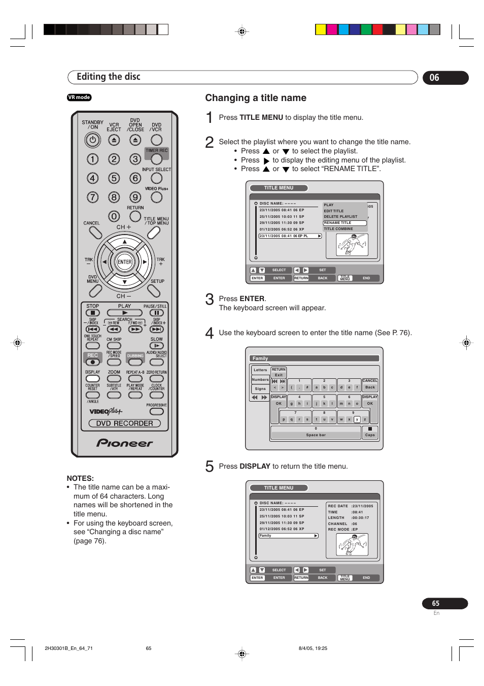 Changing a title name, Editing the disc 06, Press title menu to display the title menu | Press enter . the keyboard screen will appear, Press display to return the title menu | Pioneer DVR-RT501-S User Manual | Page 65 / 92