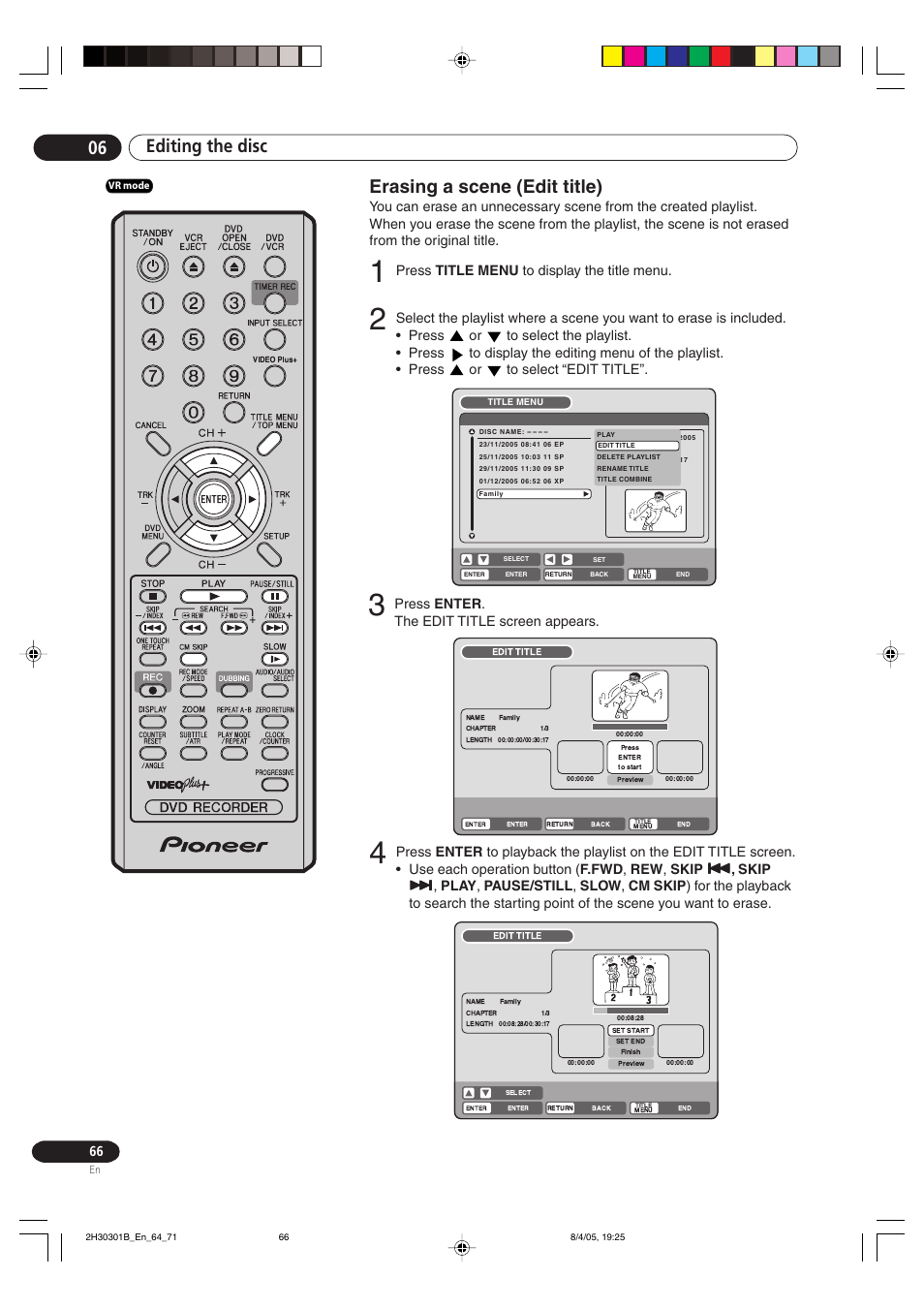 Erasing a scene (edit title), Editing the disc 06 erasing a scene (edit title), Press title menu to display the title menu | Press enter . the edit title screen appears | Pioneer DVR-RT501-S User Manual | Page 66 / 92