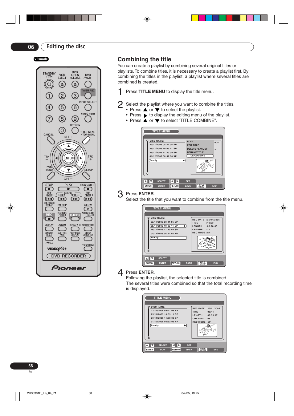 Combining the title, Editing the disc 06 combining the title, Press title menu to display the title menu | Pioneer DVR-RT501-S User Manual | Page 68 / 92