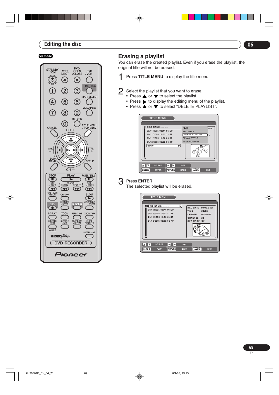 Erasing a playlist, Editing the disc 06 erasing a playlist, Press title menu to display the title menu | Press enter . the selected playlist will be erased | Pioneer DVR-RT501-S User Manual | Page 69 / 92