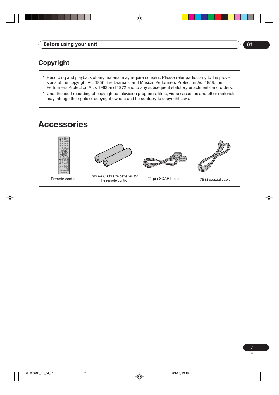 Accessories, Copyright, Before using your unit 01 | Pioneer DVR-RT501-S User Manual | Page 7 / 92