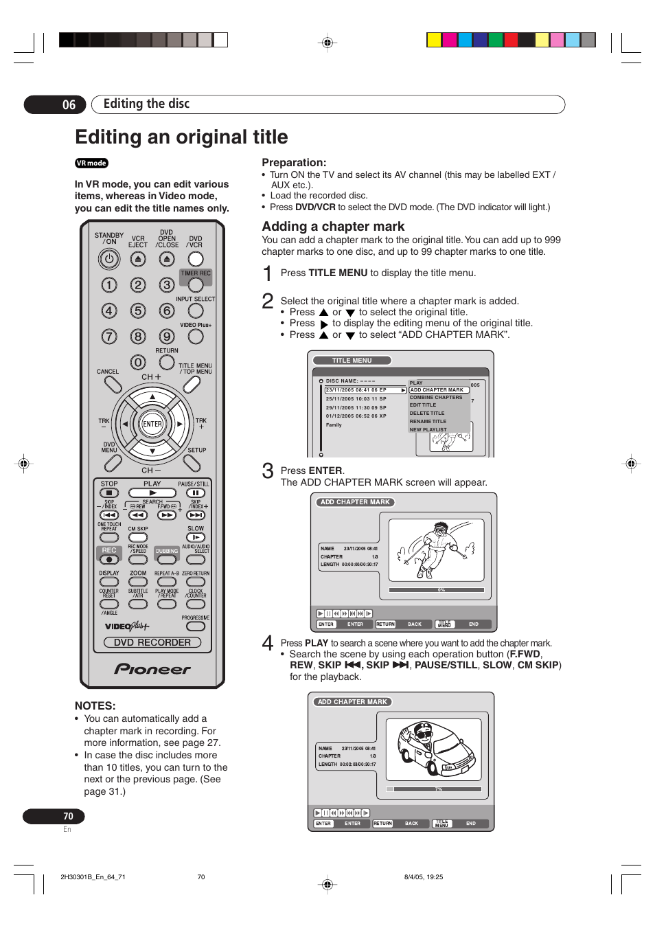 Editing an original title, Adding a chapter mark, Editing the disc 06 | Preparation | Pioneer DVR-RT501-S User Manual | Page 70 / 92