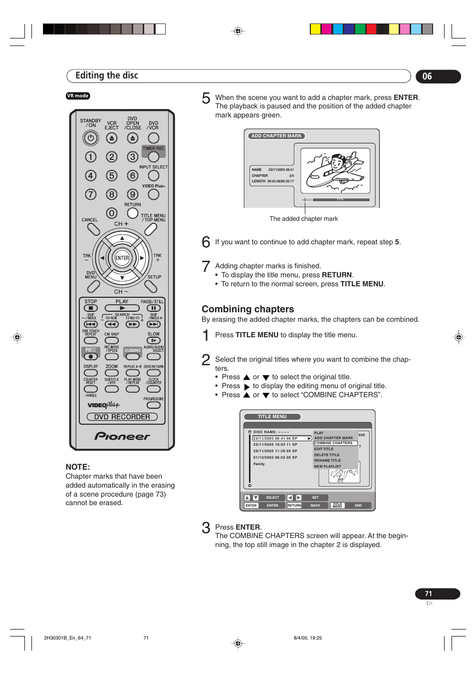 Combining chapters, Editing the disc 06 | Pioneer DVR-RT501-S User Manual | Page 71 / 92