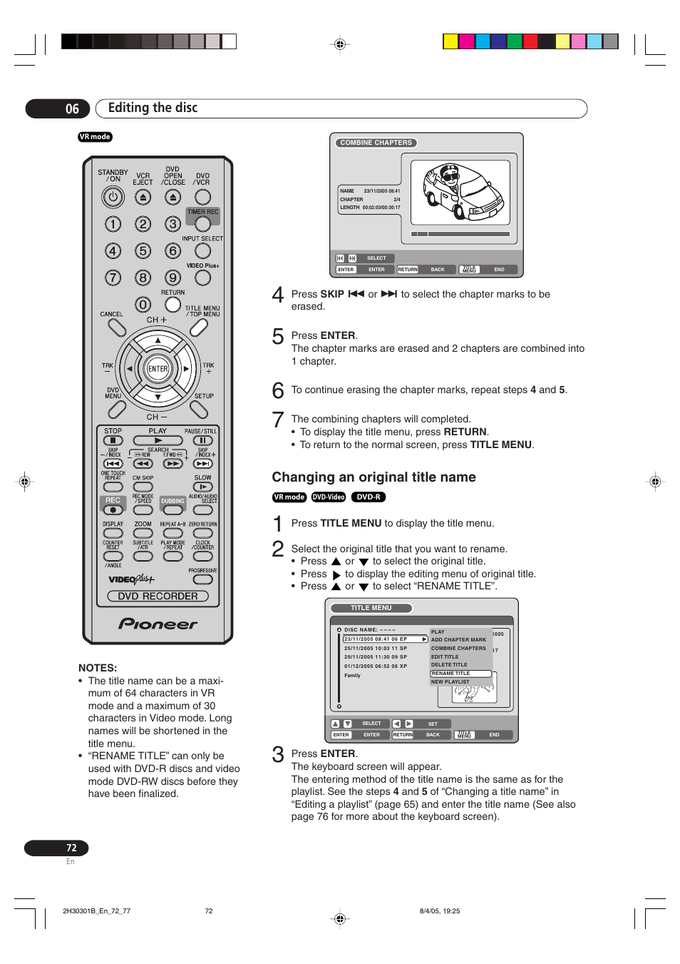 Changing an original title name, Editing the disc 06 | Pioneer DVR-RT501-S User Manual | Page 72 / 92