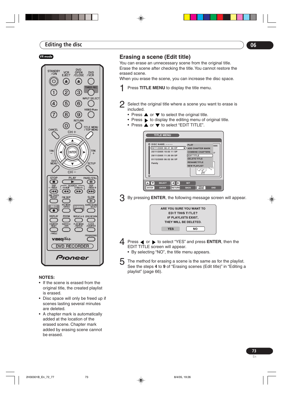 Erasing a scene (edit title), Editing the disc 06 | Pioneer DVR-RT501-S User Manual | Page 73 / 92