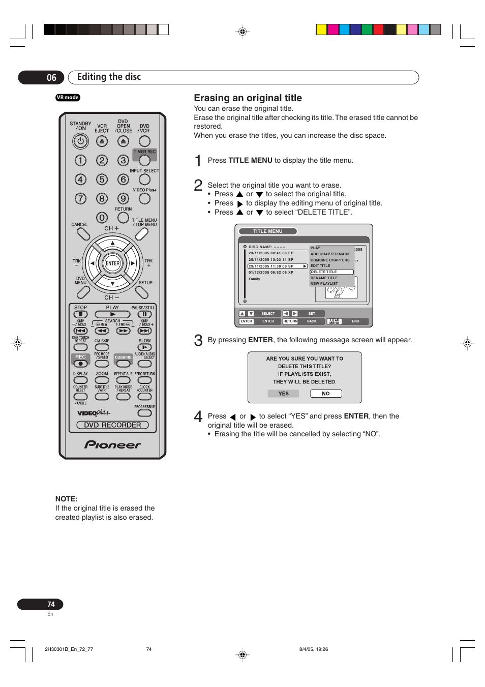 Erasing an original title, Editing the disc 06 | Pioneer DVR-RT501-S User Manual | Page 74 / 92