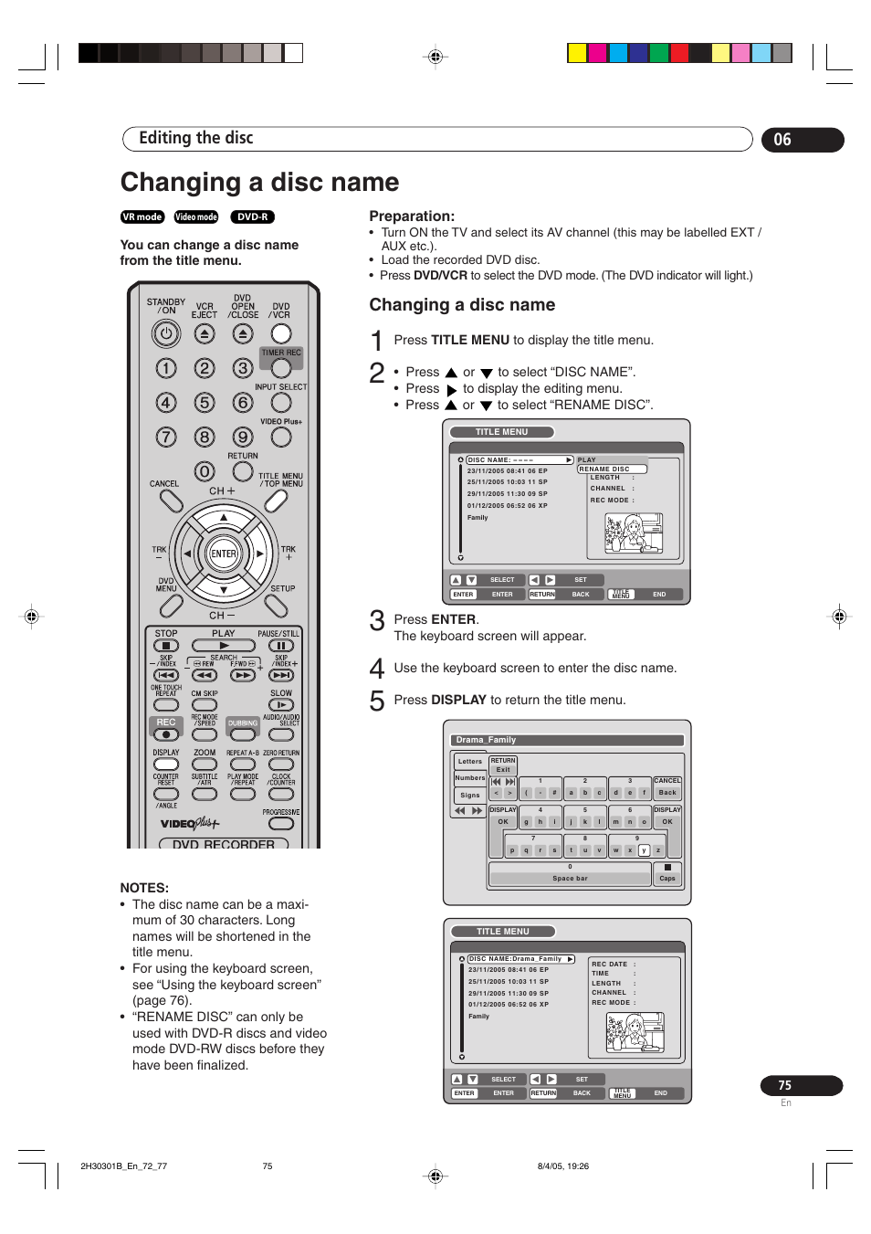 Changing a disc name, Editing the disc 06, Preparation | You can change a disc name from the title menu, Press title menu to display the title menu, Press enter . the keyboard screen will appear, Use the keyboard screen to enter the disc name, Press display to return the title menu | Pioneer DVR-RT501-S User Manual | Page 75 / 92