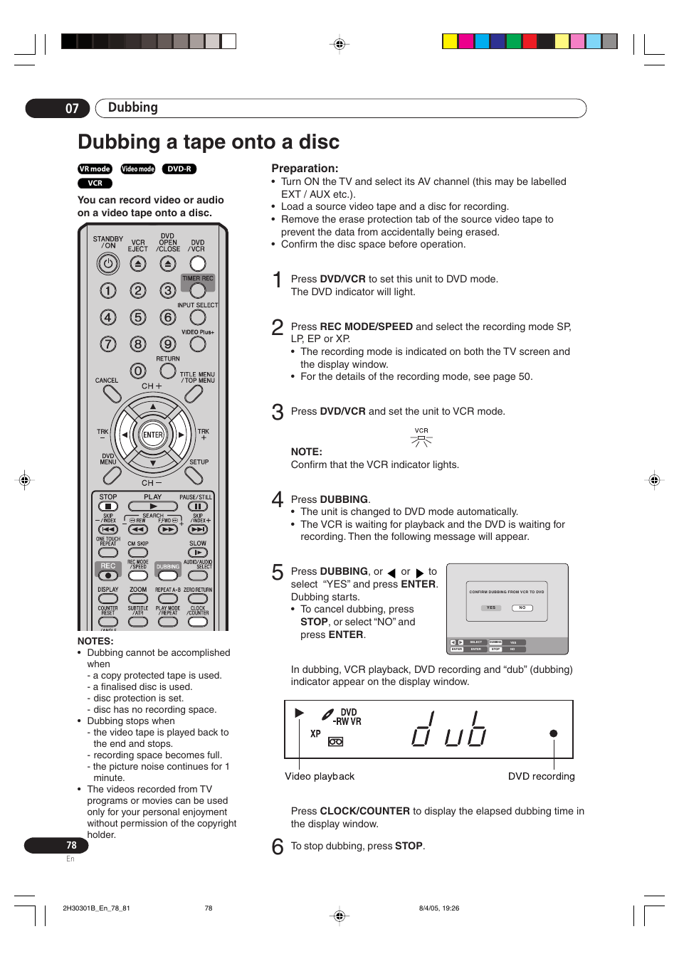 Dubbing a tape onto a disc, Dubbing 07 | Pioneer DVR-RT501-S User Manual | Page 78 / 92