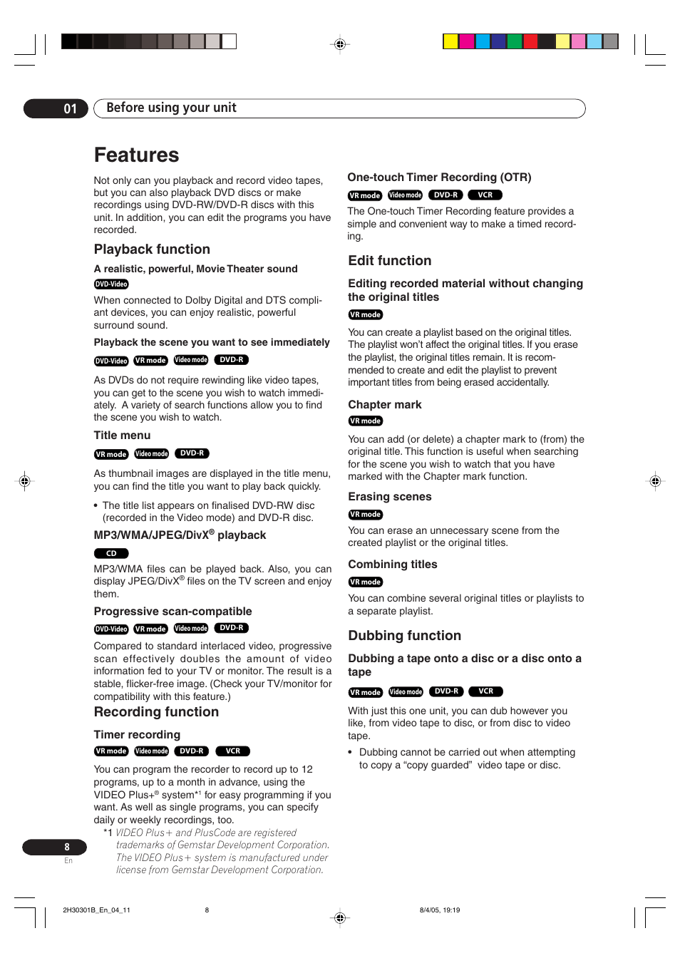Features, Before using your unit 01, Playback function | Recording function, Edit function, Dubbing function | Pioneer DVR-RT501-S User Manual | Page 8 / 92
