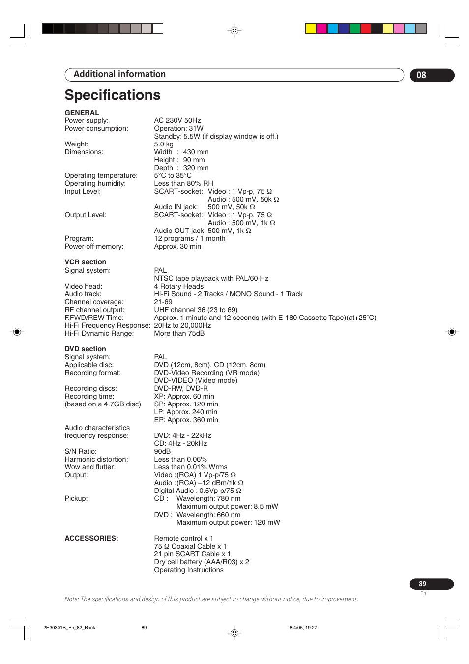 Specifications, Additional information 08 | Pioneer DVR-RT501-S User Manual | Page 89 / 92