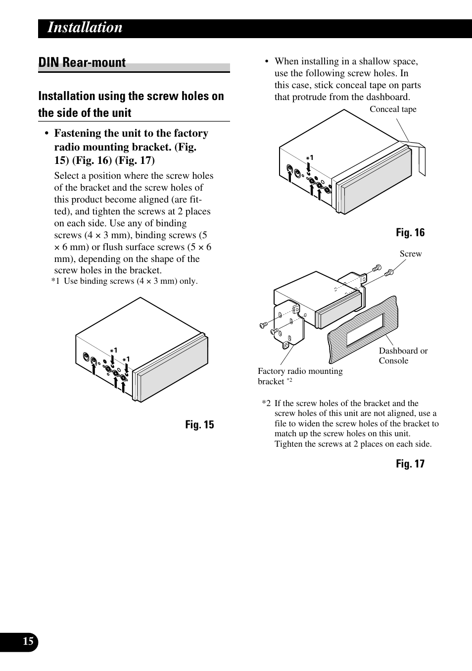 Din rear-mount installing the remote control unit, Installation, Din rear-mount | Pioneer AVH-P7550DVD User Manual | Page 16 / 52