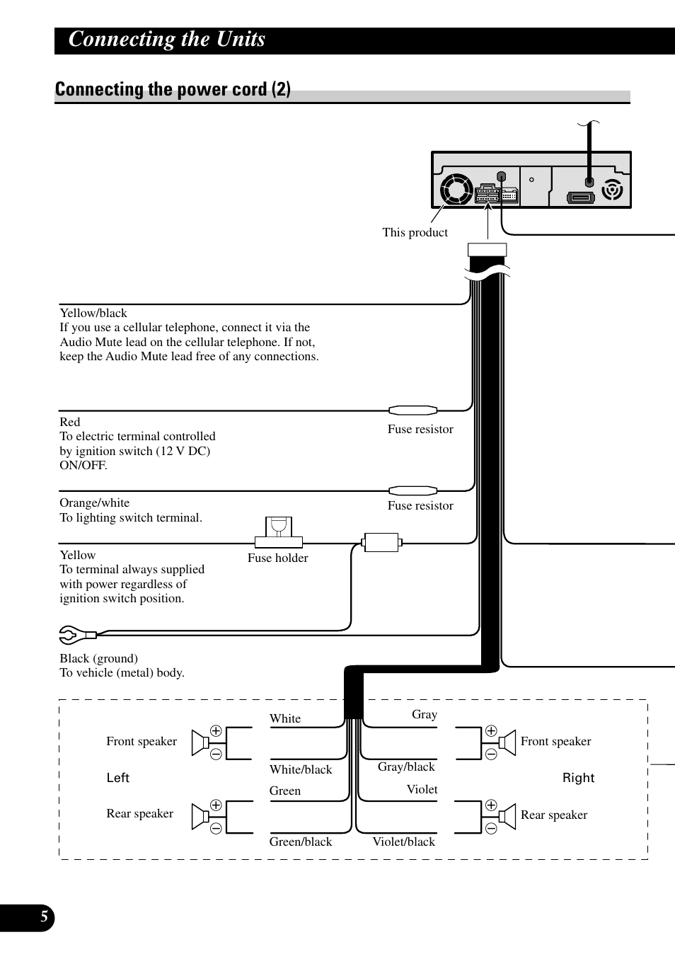 Connecting the power cord (2), Connecting the units | Pioneer AVH-P7550DVD User Manual | Page 6 / 52