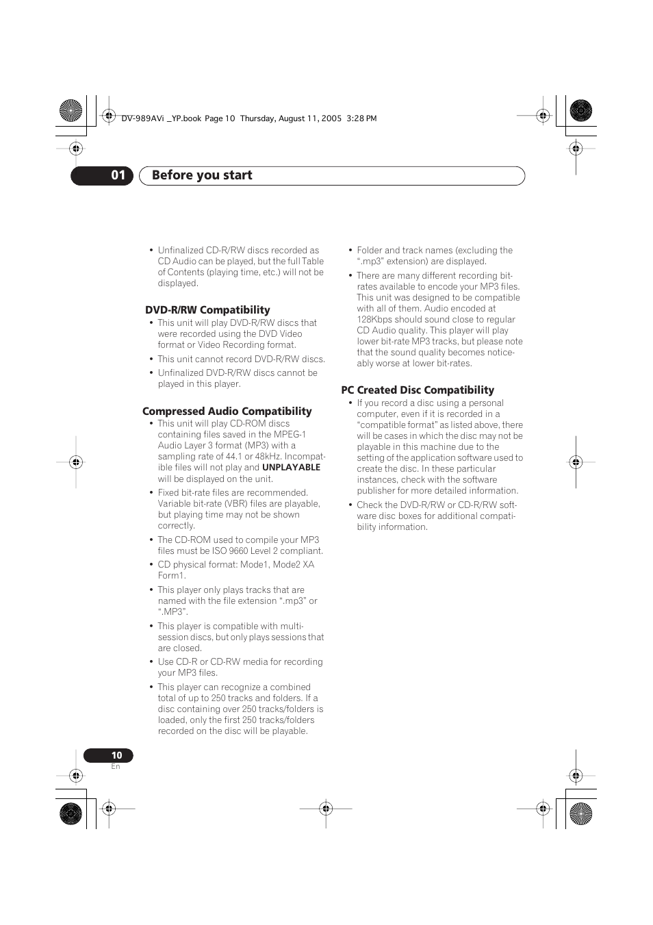 Dvd-r/rw compatibility, Compressed audio compatibility, Pc created disc compatibility | Before you start 01 | Pioneer DV-989AVi-G User Manual | Page 10 / 96