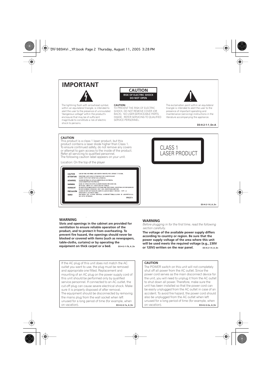 Important, Class 1 laser product, Caution | Pioneer DV-989AVi-G User Manual | Page 2 / 96
